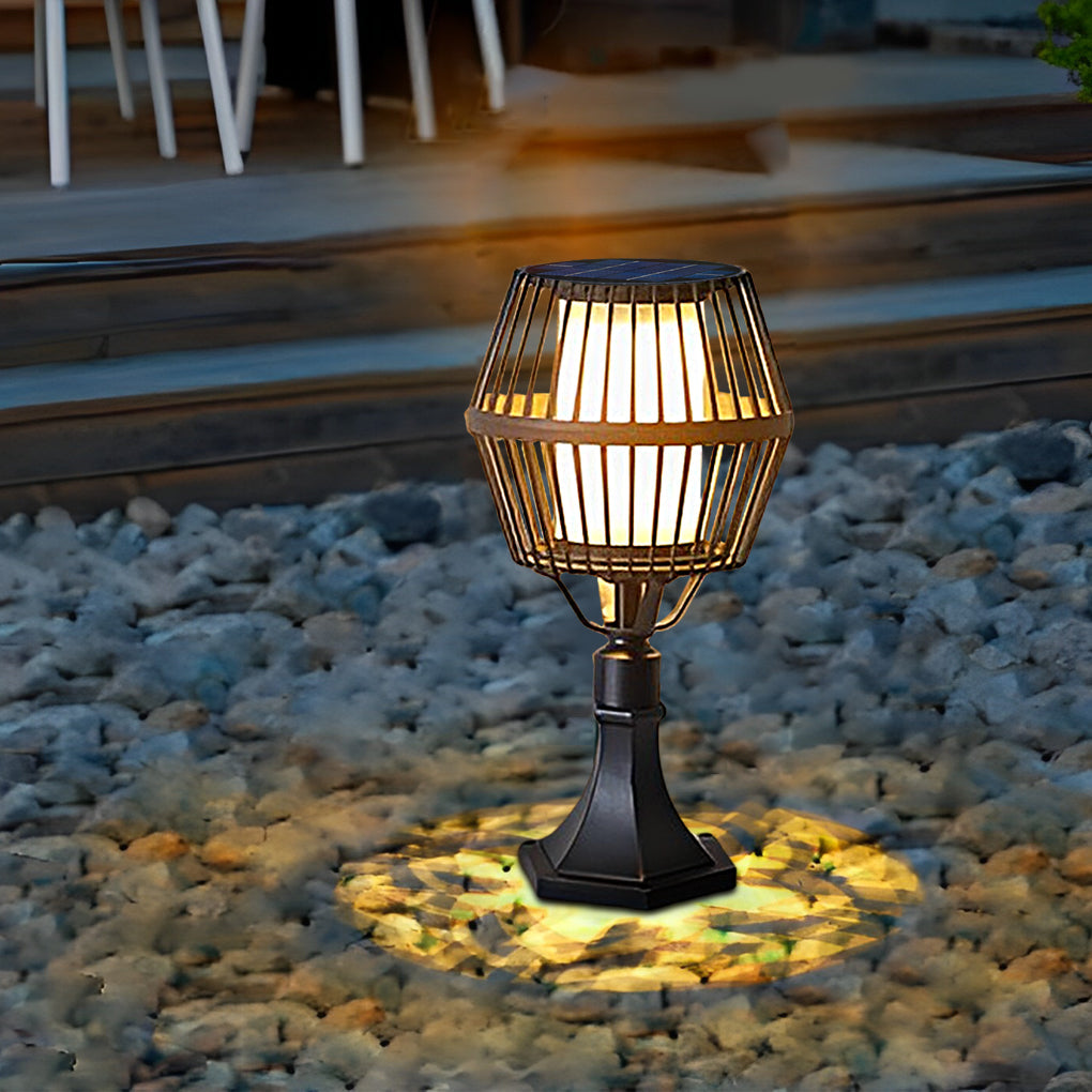 Caged Solar Outdoor Path Lantern — Matte Black Die-Cast Aluminum, COB LED, Warm White 3000K, Solar / Electric, Weatherproof