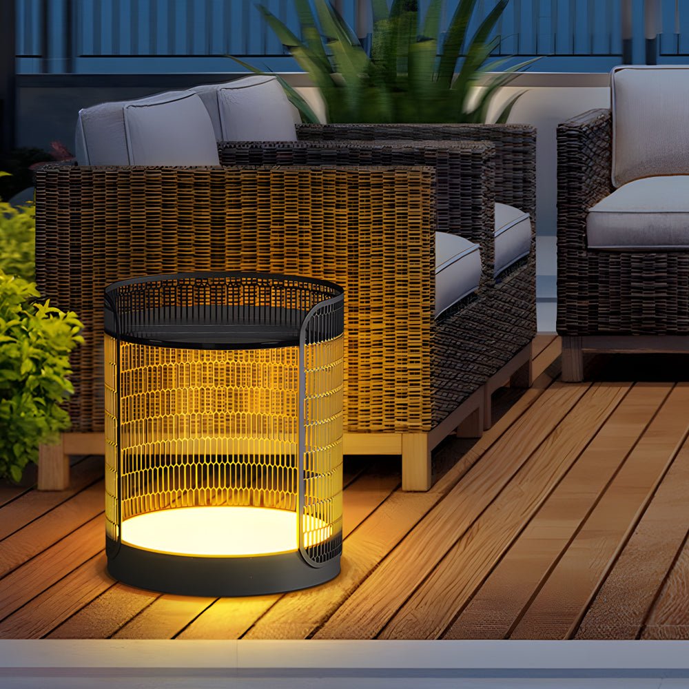 19" Open Mesh Outdoor Floor Lamp with Table — Stainless Steel, LED, Solar / Hardwired, IP65 Weatherproof