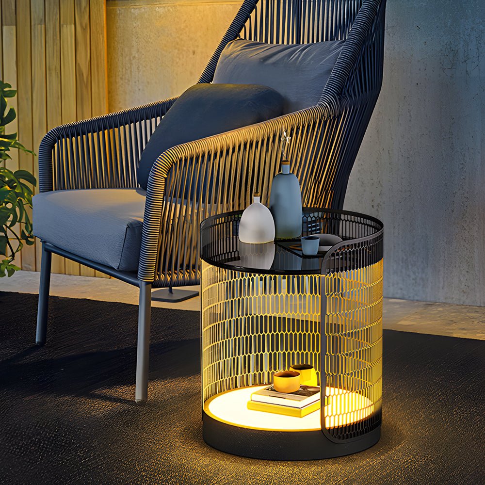 19" Open Mesh Outdoor Floor Lamp with Table — Stainless Steel, LED, Solar / Hardwired, IP65 Weatherproof
