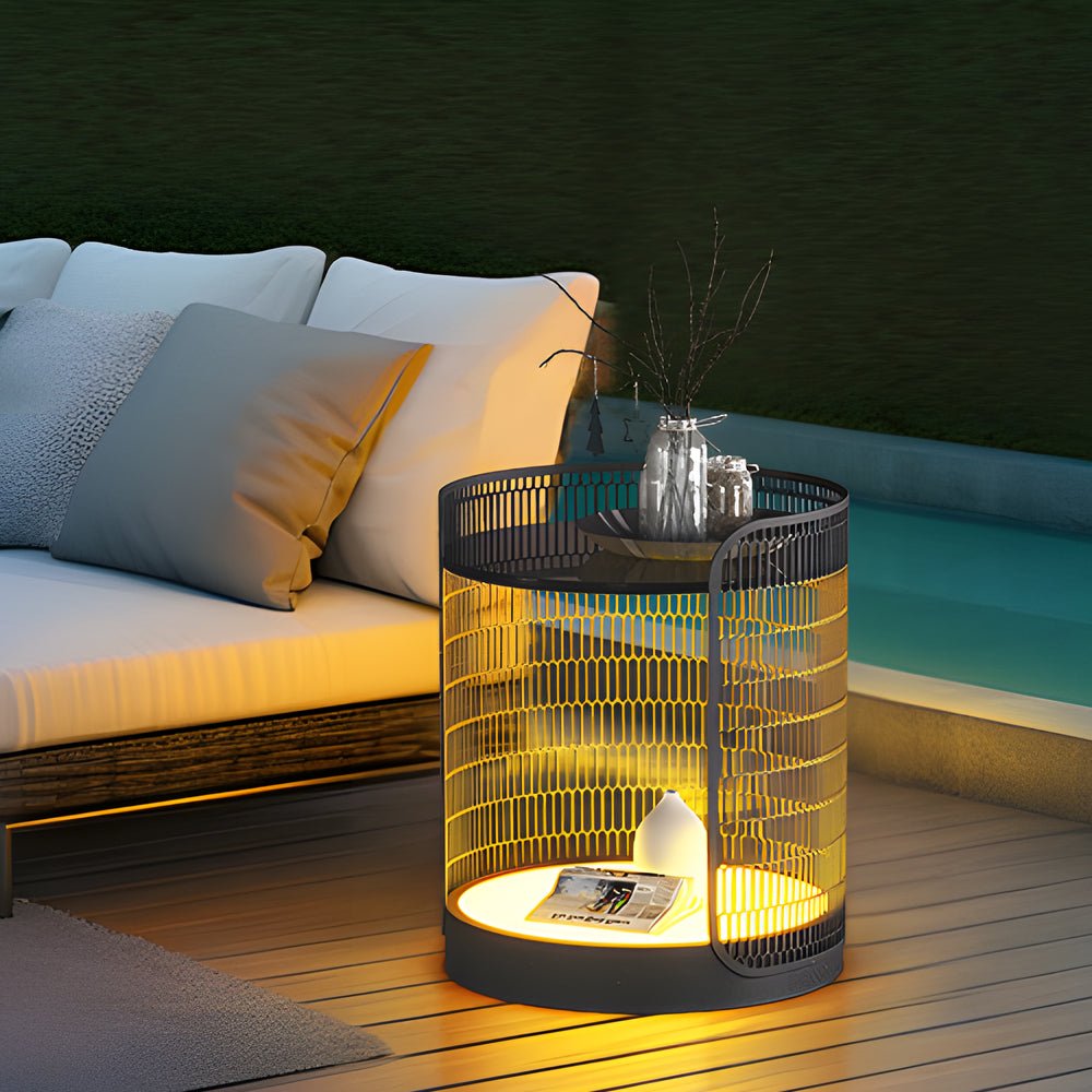 19" Open Mesh Outdoor Floor Lamp with Table — Stainless Steel, LED, Solar / Hardwired, IP65 Weatherproof