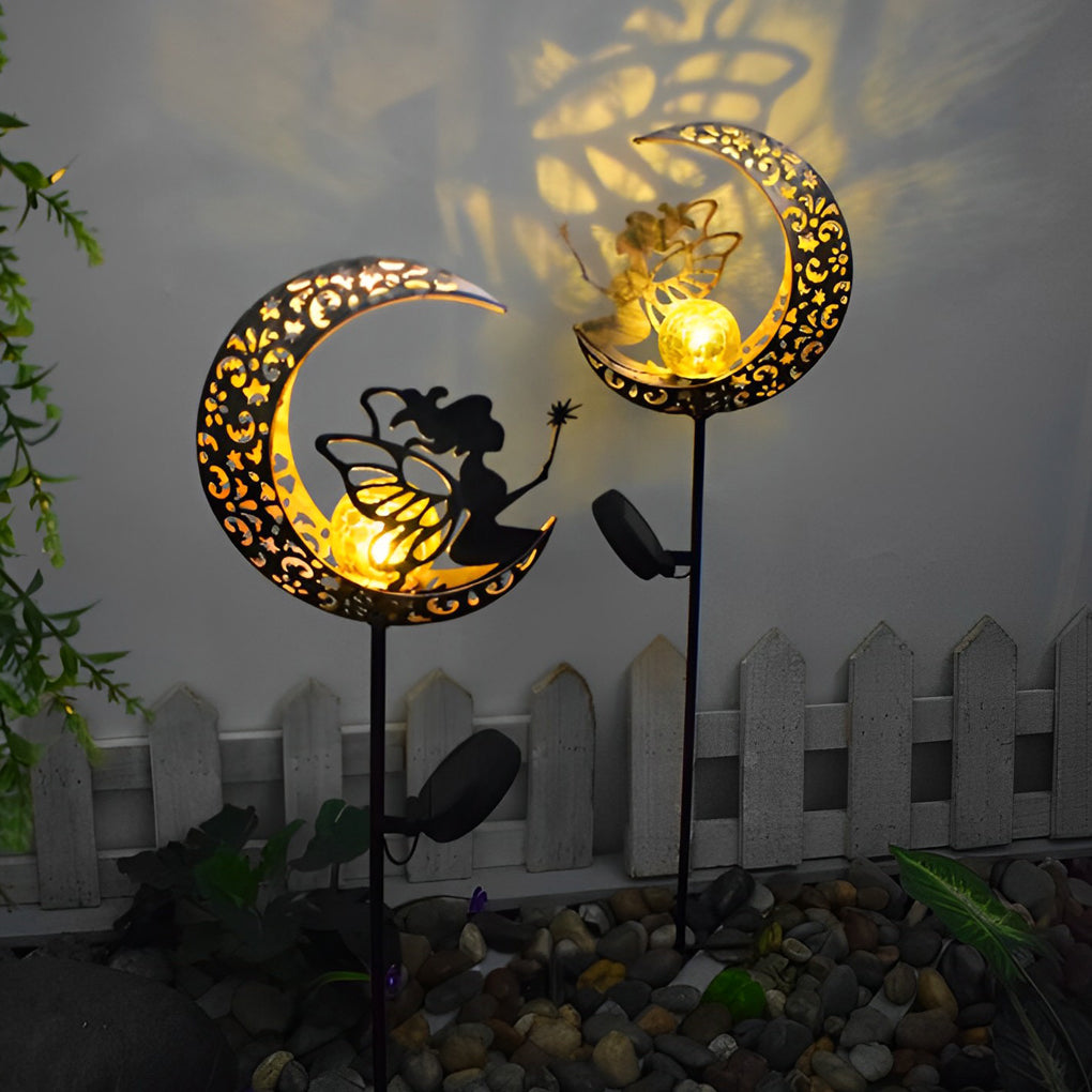 Moon, Sun & Flame Hollow Iron Solar Garden Stake Light — Cracked Glass Globe, LED, IP55 Weatherproof