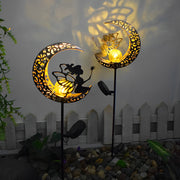 Moon, Sun & Flame Hollow Iron Solar Garden Stake Light — Cracked Glass Globe, LED, IP55 Weatherproof