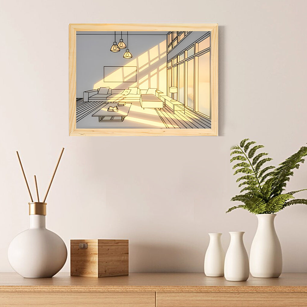Sunshine LED Wall Art Night Light — Wood and Acrylic Frame, Touch Dimmable, 13" × 9", Rechargeable
