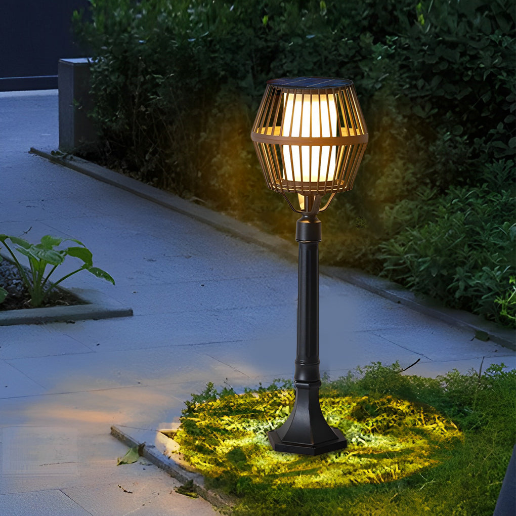Caged Solar Outdoor Path Lantern — Matte Black Die-Cast Aluminum, COB LED, Warm White 3000K, Solar / Electric, Weatherproof
