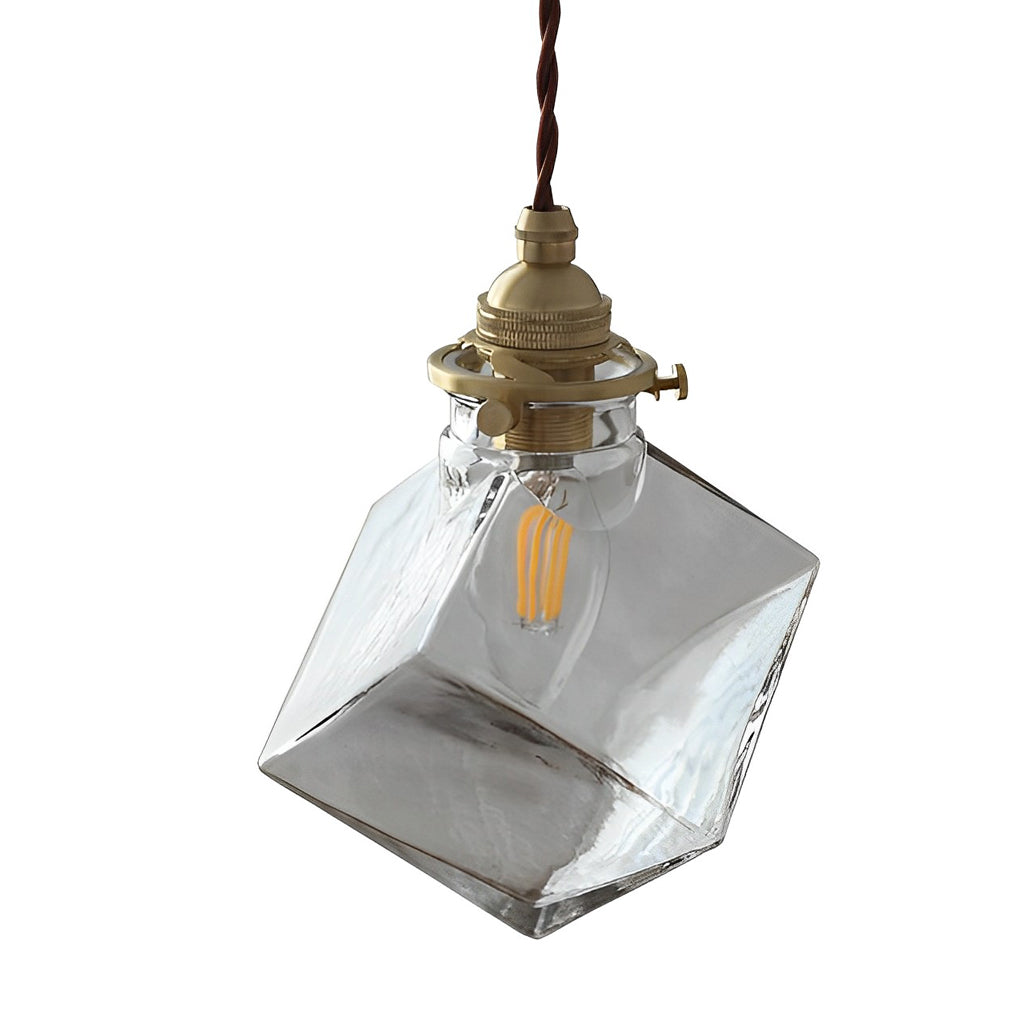 Square Transparent Glass Mini Pendant — Brass and Iron, E14, 4"W × 8"H, 59" Adjustable Wire