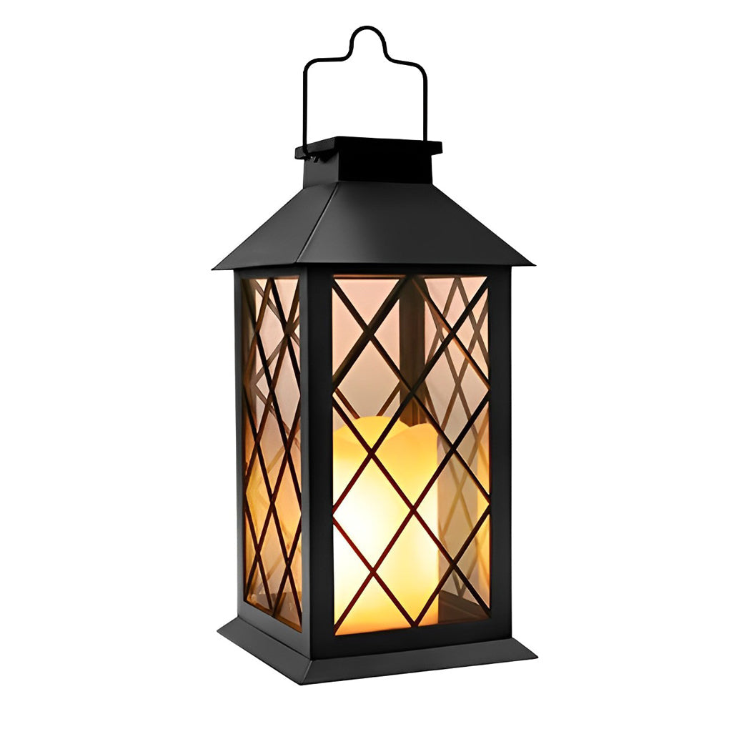 Black Solar Outdoor Portable Lantern — Glass, LED, IP54 Weatherproof, 3000K Warm White
