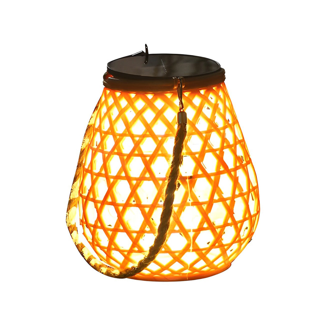 Bamboo and Rattan-Style Portable Outdoor Lantern — Plastic with Hemp Rope, Solar / USB, LED 3000K, IP44, 7.3" × 8.3"