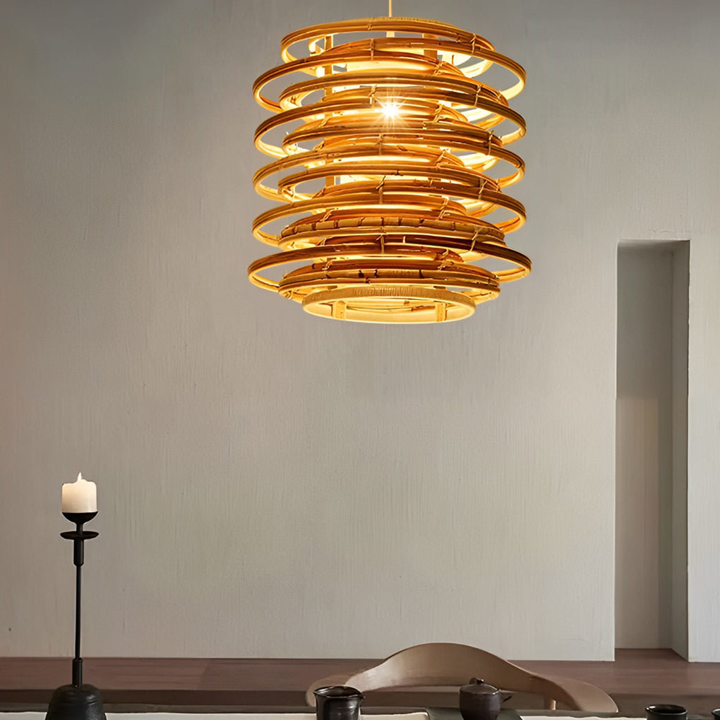 16" Round Bamboo Ring Pendant Light — Farmhouse, Hardwired, E26/E27, 16W–20W