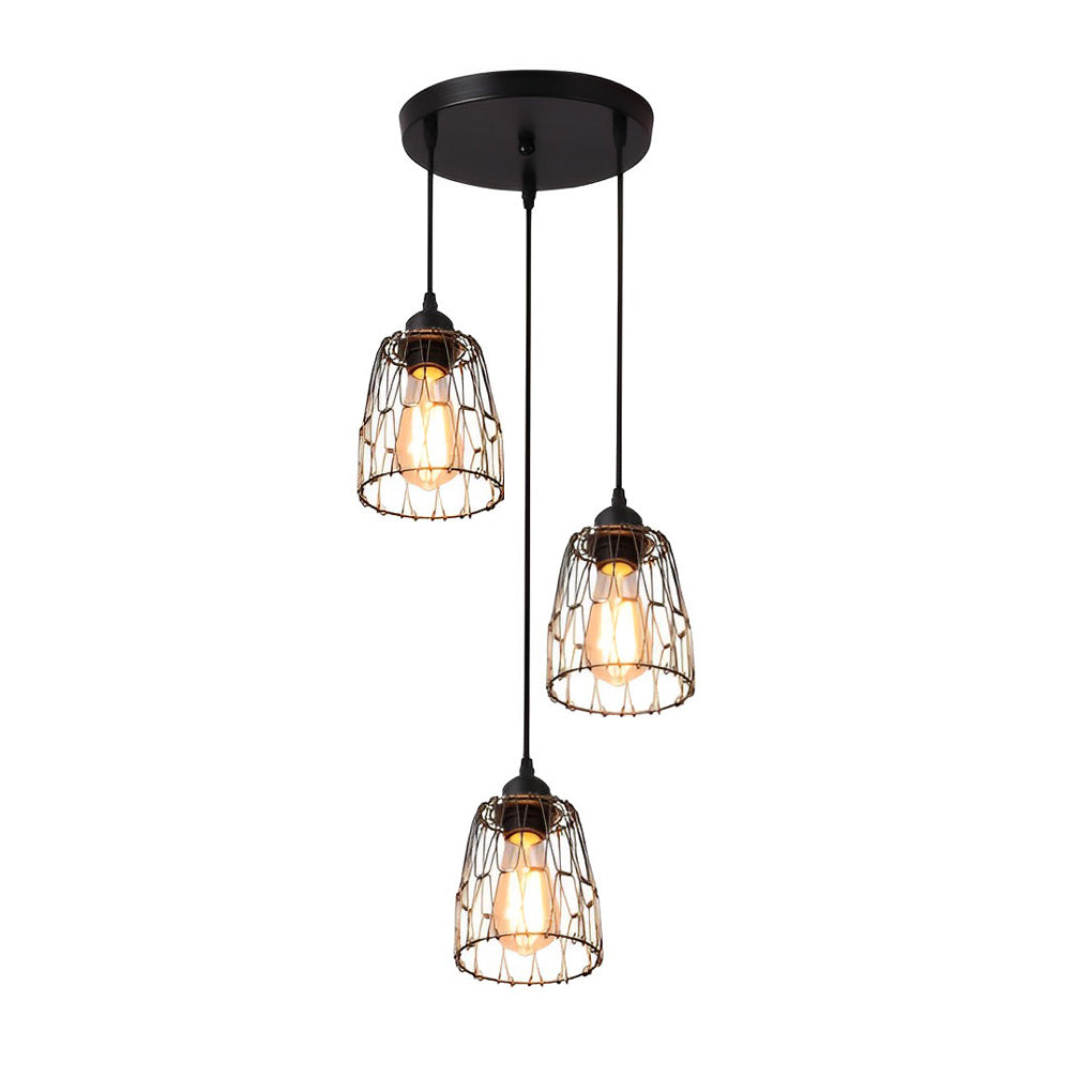 Retro Industrial Iron Cage Chandelier — Black, 3-Light, Adjustable Wire, LED-Ready