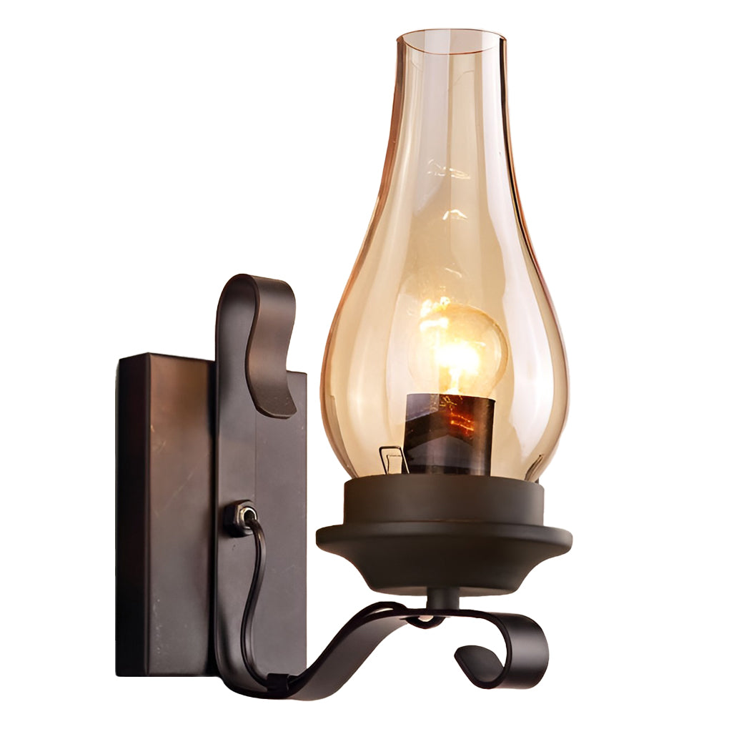 Industrial Retro Wall Sconce — Black Iron, E27, Blown Glass Shade, 8" × 12"