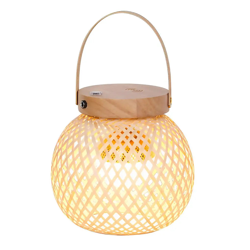 Portable Rustic Bamboo Lantern Table Lamp with Handle - Woven Design Luxe