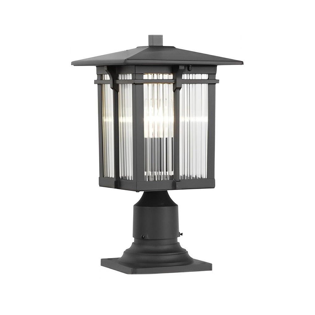 Modern Industrial Outdoor Post Light — Black Die-Cast Aluminum, Striped Glass Shade, E27 LED, IP23 Waterproof