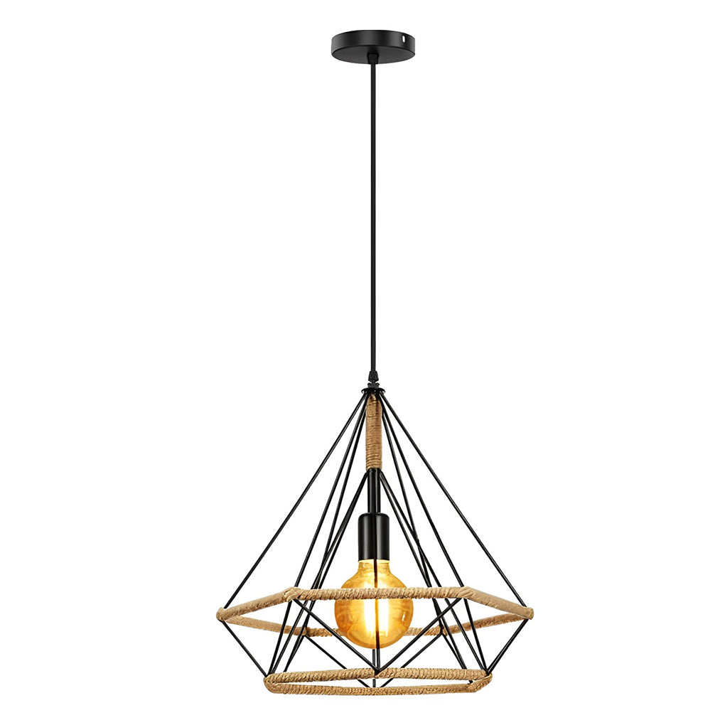 Rustic Geometric Rope Lantern Pendant — Black Iron, Industrial, E27, 51" Adjustable Wire