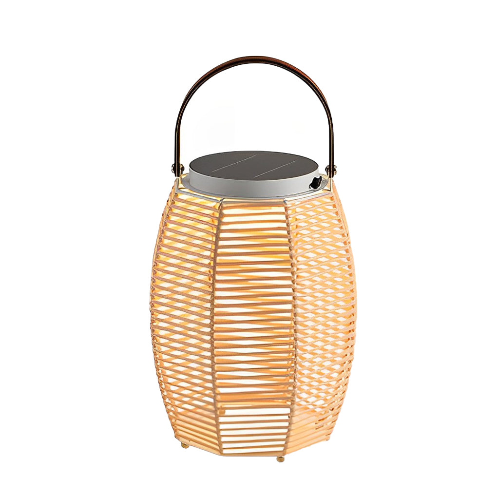 Rattan Solar Portable Outdoor Lantern — Stainless Steel, 3000K Warm White, IP54 Weatherproof, 180° Rotating Handle