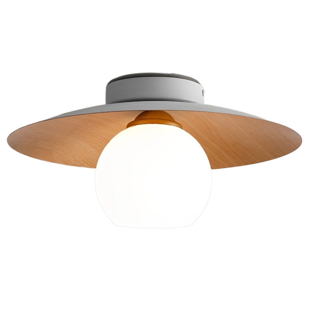 Bowl-Shaped LED Flush-Mount Ceiling Light — Iron and Glass, Imitation Wood Texture, 13.8", 3000K Warm White
