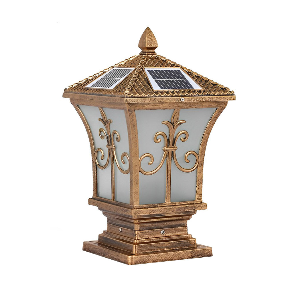 Vintage Solar Fence Post Light — Die-Cast Aluminum, Frosted Acrylic, Waterproof, Auto On/Off