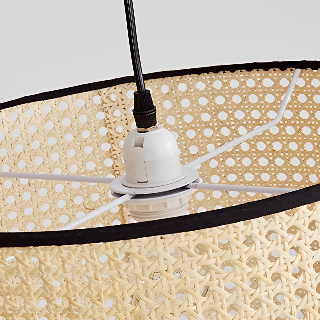 Round Woven Bamboo Farmhouse Pendant Light — Natural Bamboo, Hardwired, Kitchen and Dining