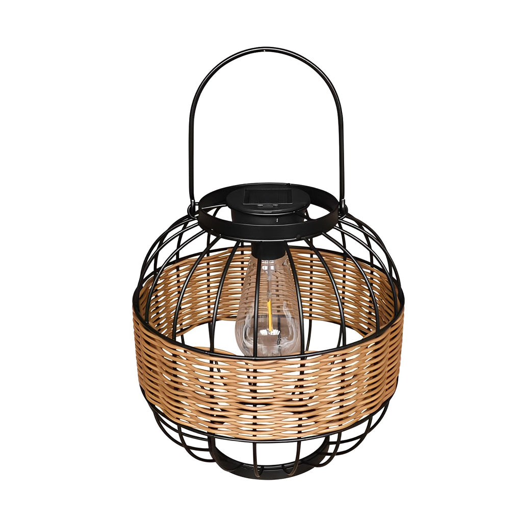 Rattan Cage Portable Outdoor Solar Lantern — Rustic Modern, IP55 Weatherproof, 9" Diameter