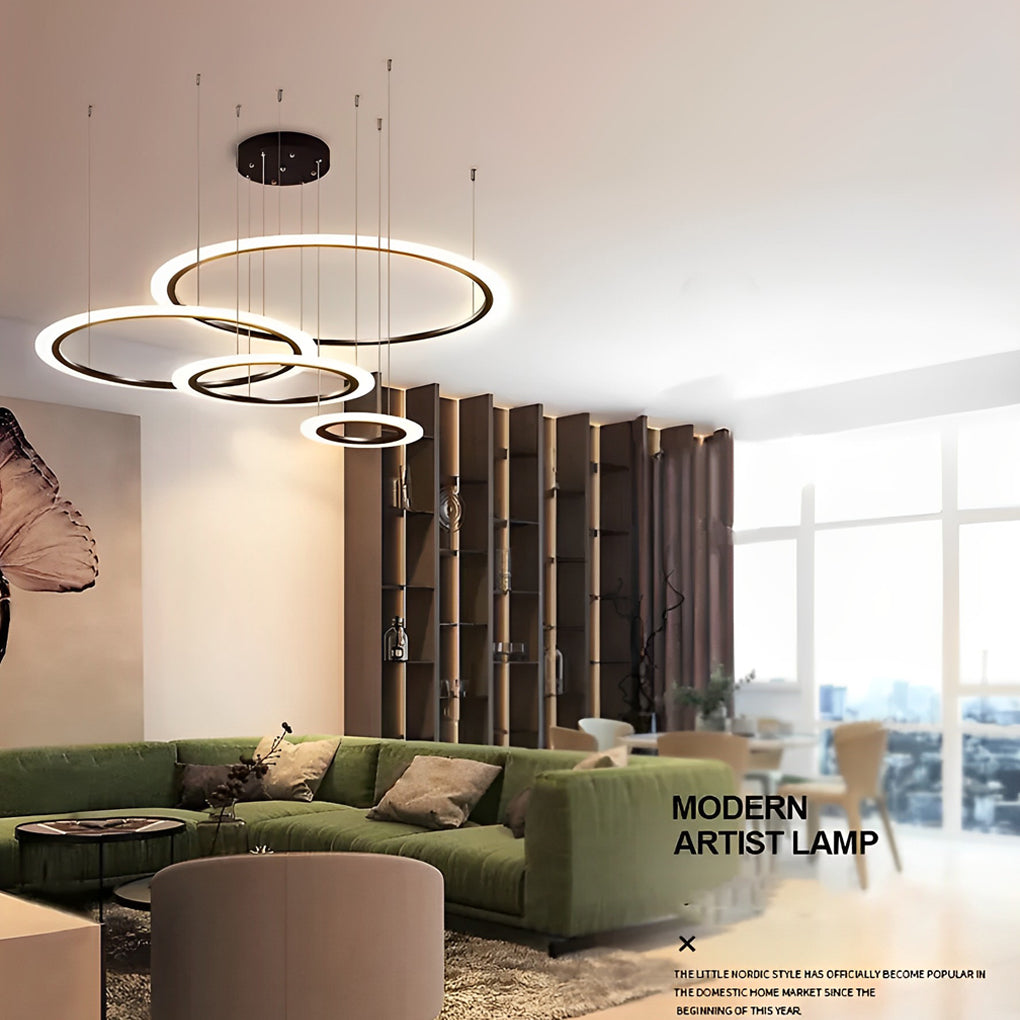 Four-Ring Geometric LED Chandelier — Metal and Acrylic, Dimmable, 11.8"–35.4" Rings, Black / White / Gold