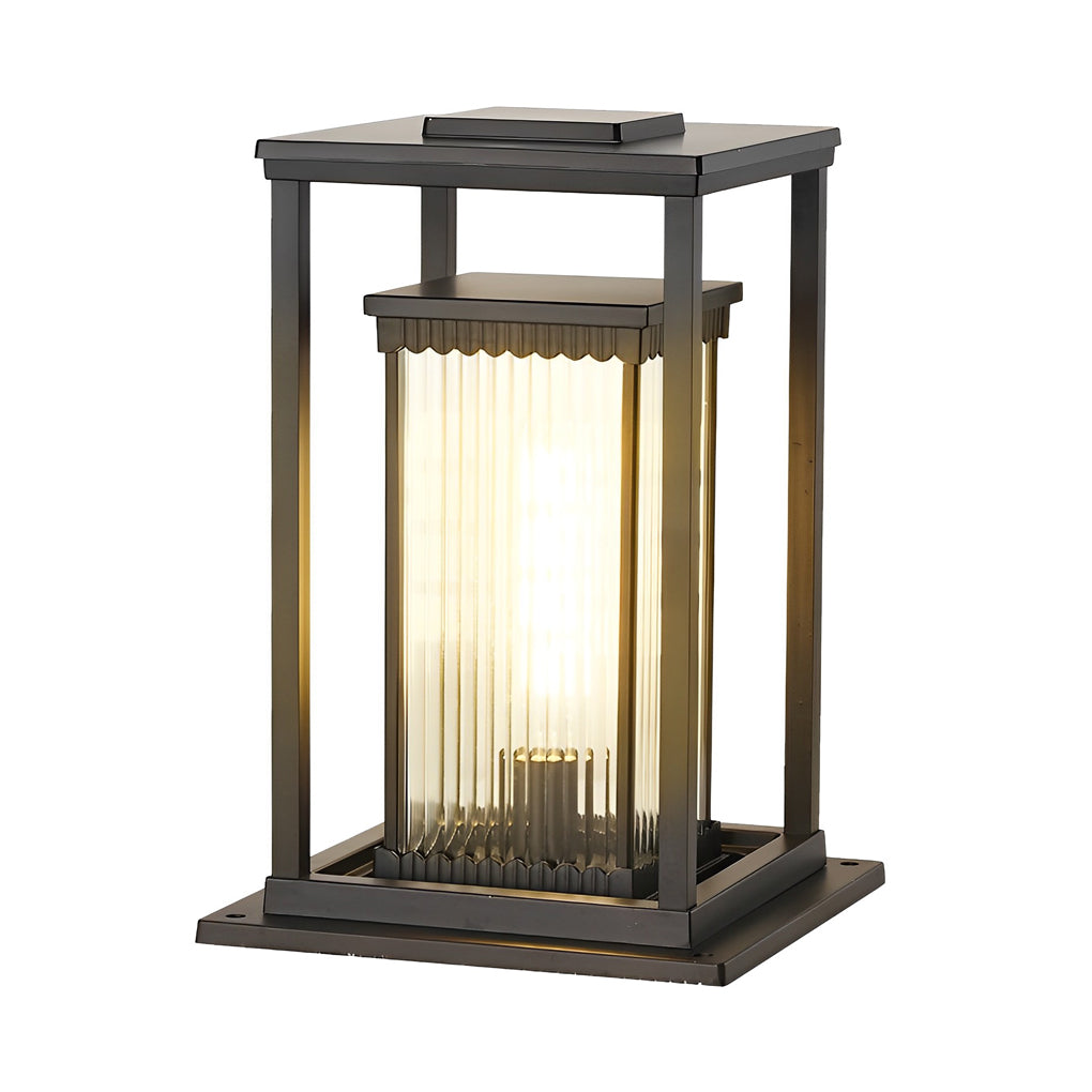 Square Solar Bollard Path Light — Black Die-Cast Aluminum, Ribbed Glass, 3000K LED, Auto Dusk-to-Dawn