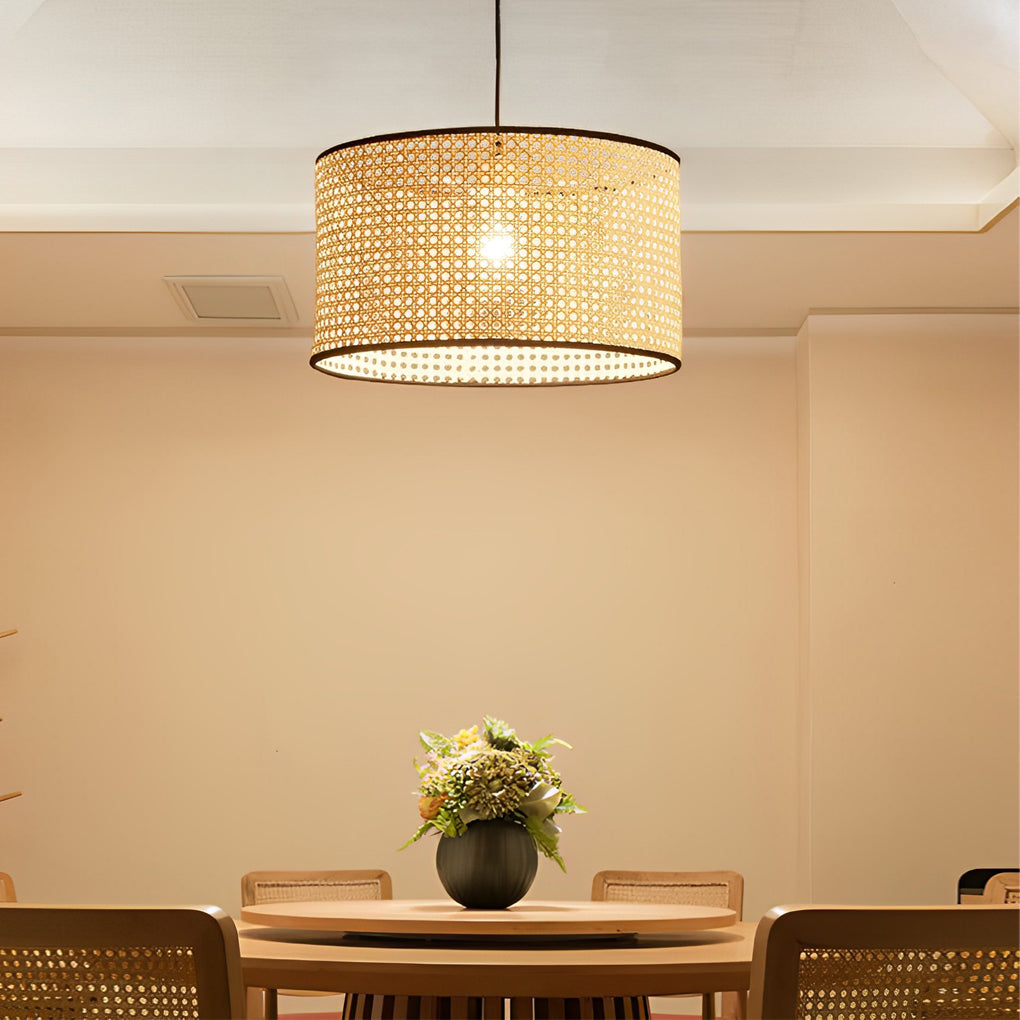 Round Woven Bamboo Farmhouse Pendant Light — Natural Bamboo, Hardwired, Kitchen and Dining