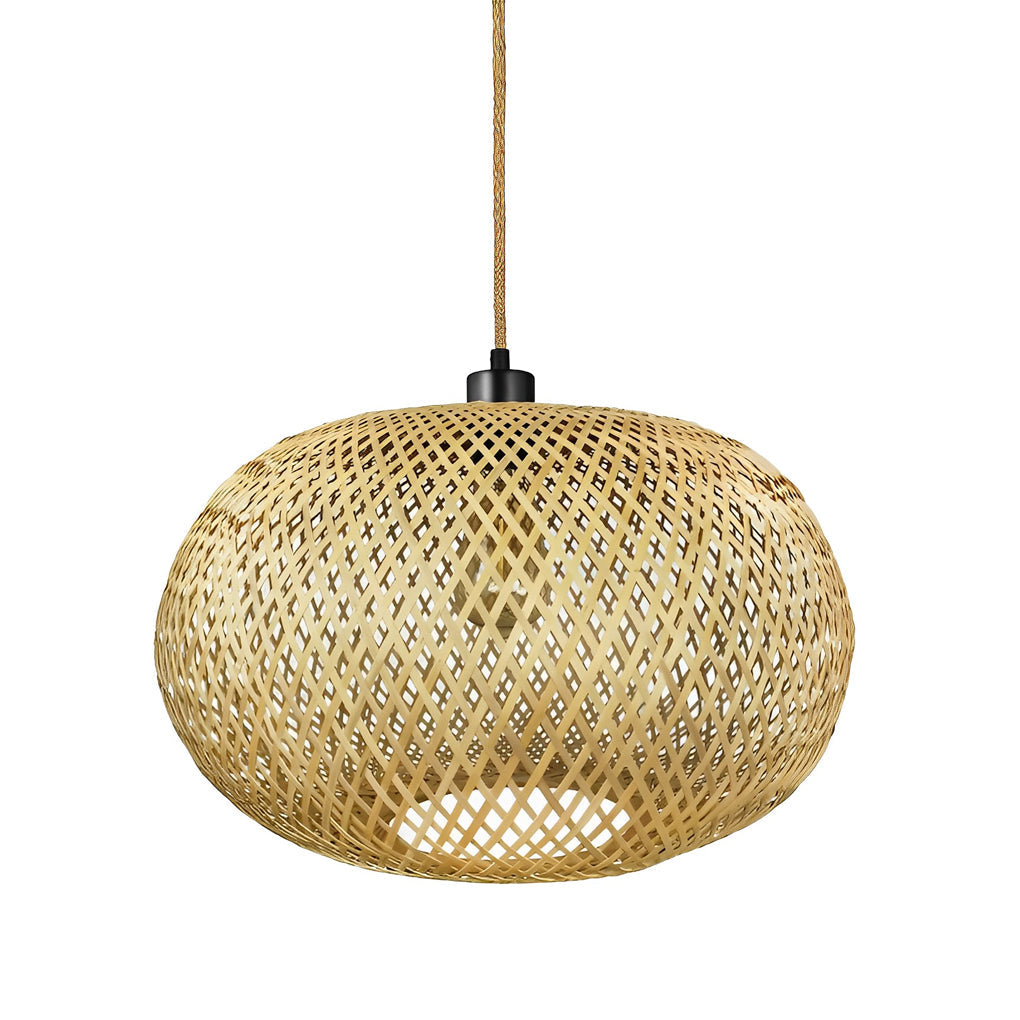 Round Hand-Woven Bamboo Rattan Chandelier — Rustic Modern, 17" Diameter, E26/E27