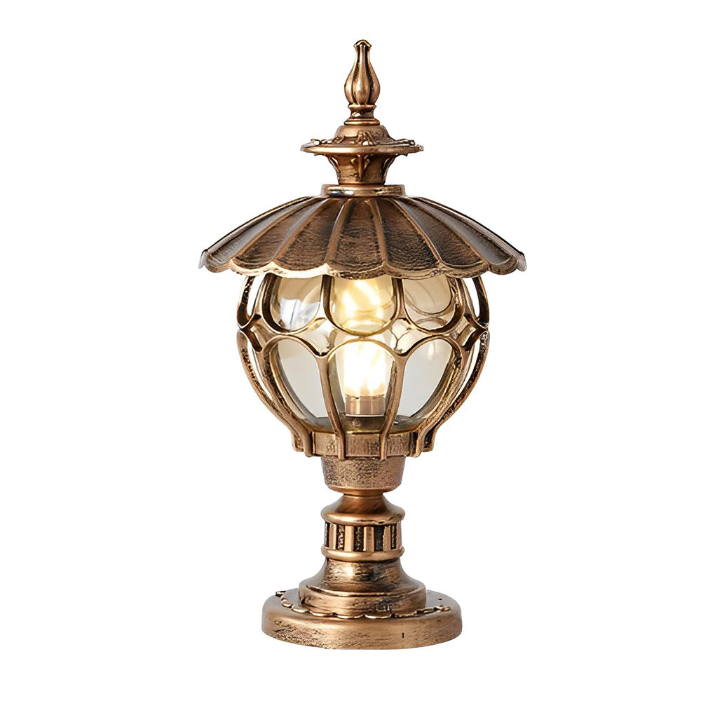 Flower Ball Outdoor Pillar Light — Die-Cast Aluminum, Cognac Glass, E27, 9" × 17", Black / Bronze