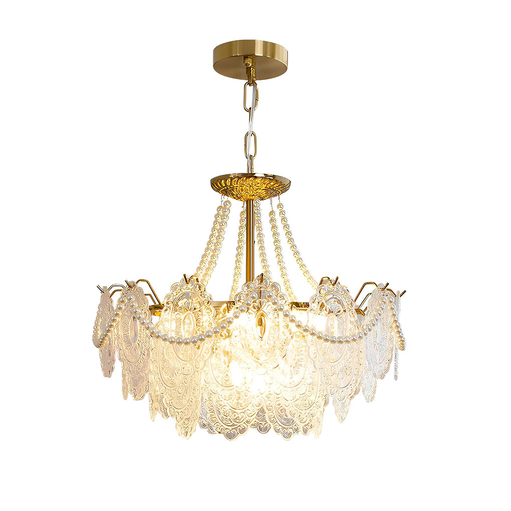 French-Style Glass Chandelier with Pearls — Electroplated Metal, LED, 3-Step Dimming, Hardwired