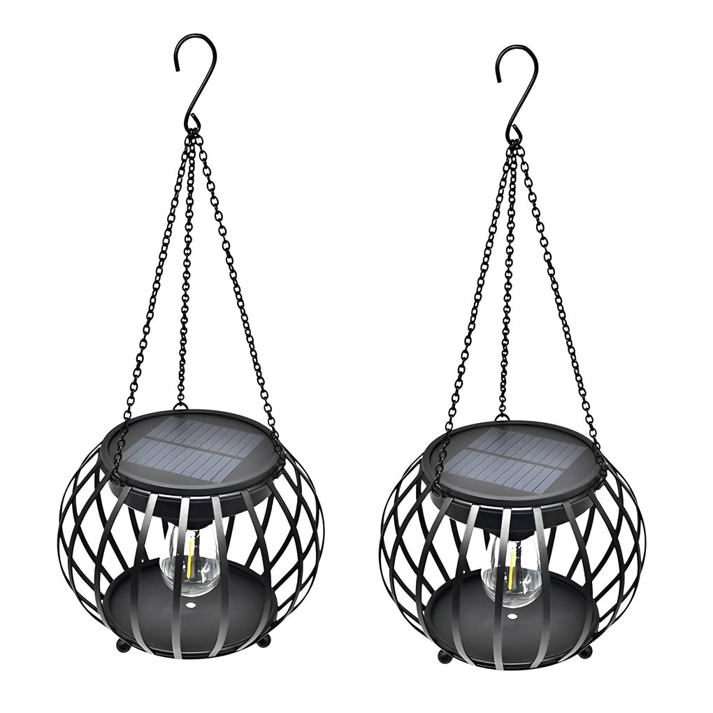 Pumpkin Solar Outdoor Lanterns, Set of 2 — Black Iron & ABS, LED, IP65, 7" Diameter, 12-Hour Runtime