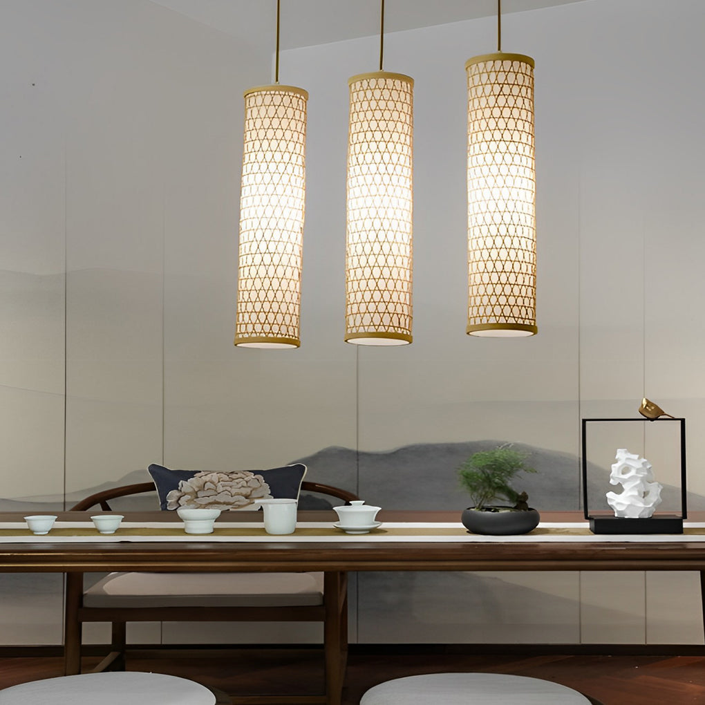 30" Cluster Cylinder Bamboo Multi-Light Pendant — Farmhouse, E26/E27, 43" Adjustable Wire