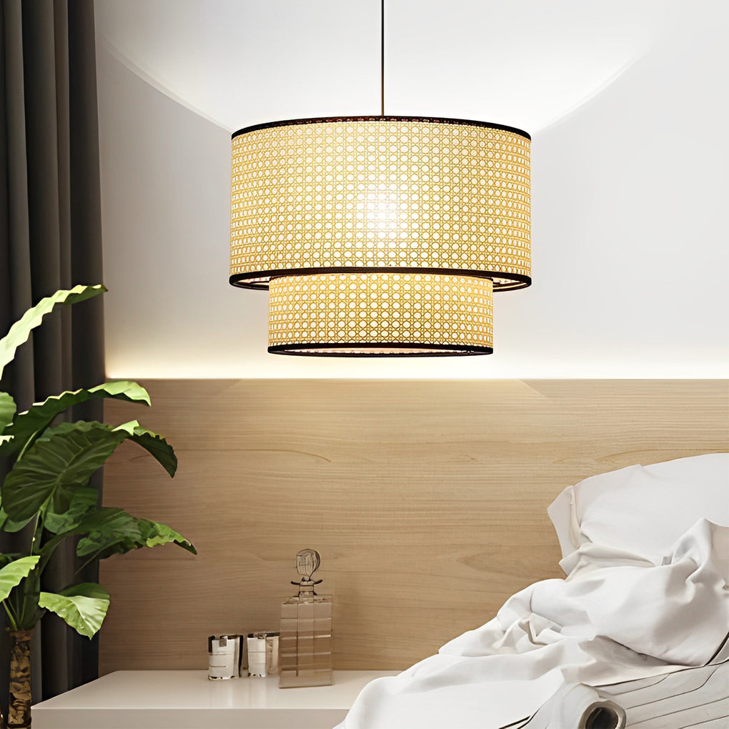 Round Woven Bamboo Farmhouse Pendant Light — Natural Bamboo, Hardwired, Kitchen and Dining
