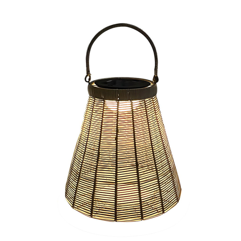 Retro Solar Outdoor Lantern — Iron and Rattan, LED, IP65 Weatherproof, 13" × 14"