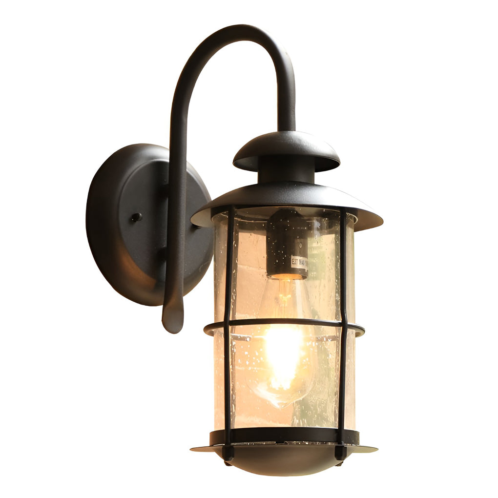 Industrial Outdoor Wall Sconce — Black Iron and Glass, Plug-in, E27, LED, 7" × 16"