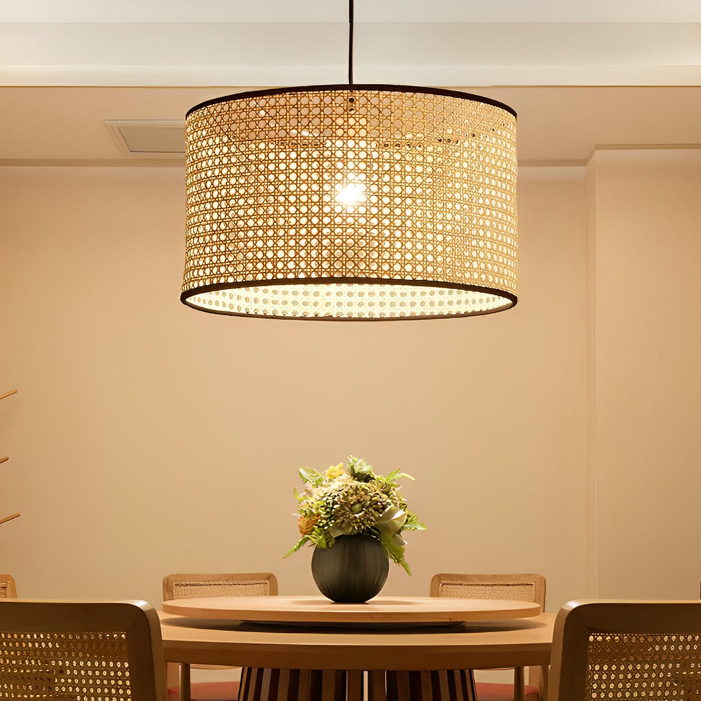 Round Woven Bamboo Farmhouse Pendant Light — Natural Bamboo, Hardwired, Kitchen and Dining