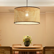 Round Woven Bamboo Farmhouse Pendant Light — Natural Bamboo, Hardwired, Kitchen and Dining