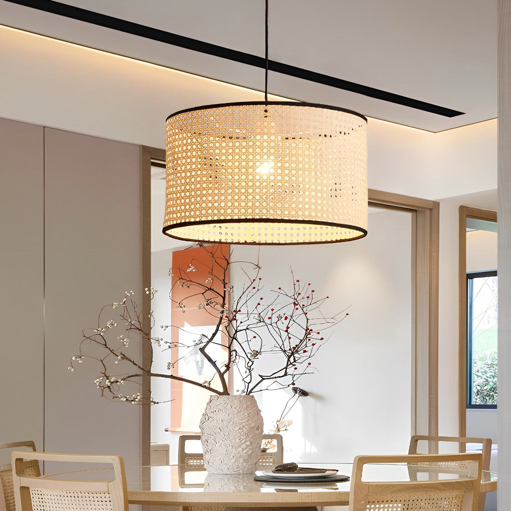 Round Woven Bamboo Farmhouse Pendant Light — Natural Bamboo, Hardwired, Kitchen and Dining