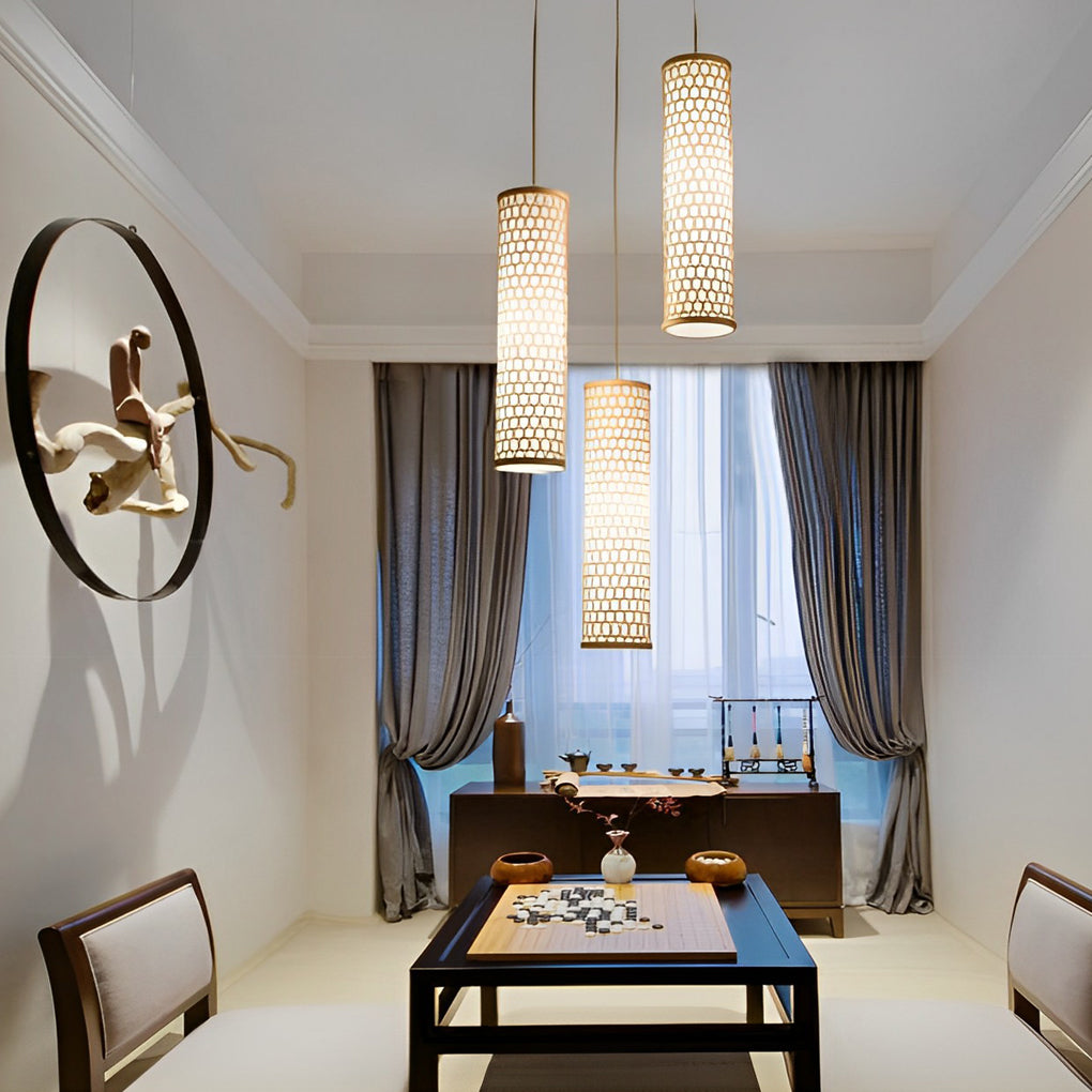 30" Cluster Cylinder Bamboo Multi-Light Pendant — Farmhouse, E26/E27, 43" Adjustable Wire