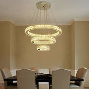 3-Tier Geometric Ring Crystal Chandelier — Chrome, LED, Dimmable, Remote Control, 11.8"+19.7"+27.6" Stacked Tiers