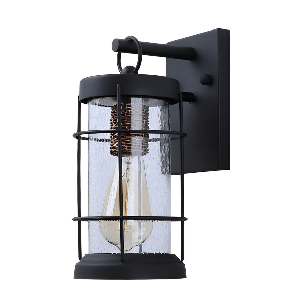 Rustic Lantern Outdoor Wall Sconce — Black Iron and Glass, E27, Waterproof, 5" × 12"