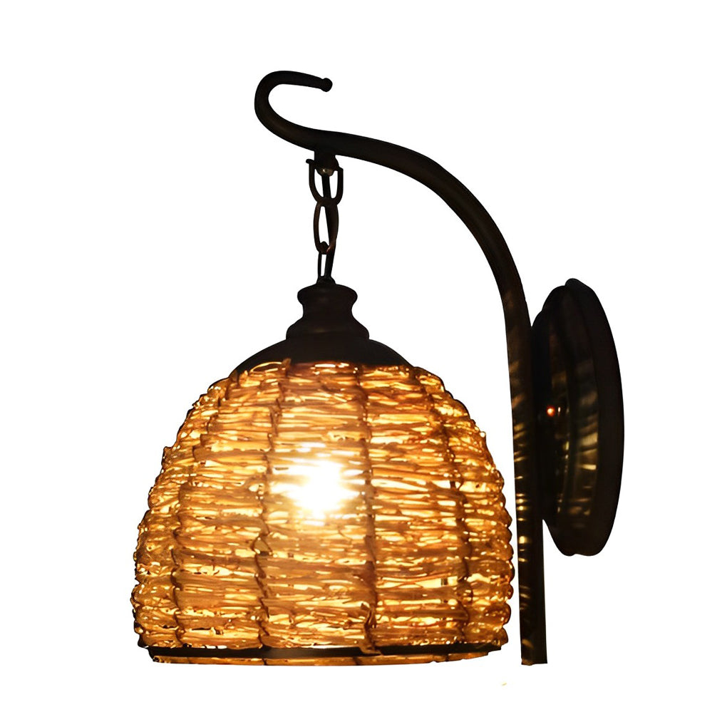Rustic Handwoven Rattan Wall Sconce — Iron, E27, 8" Diameter, Warm White 3000K
