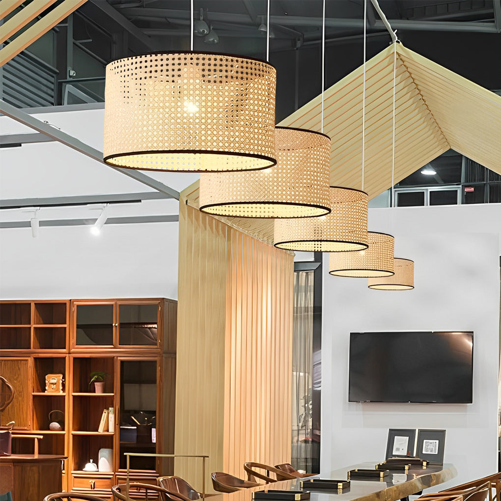 Round Woven Bamboo Farmhouse Pendant Light — Natural Bamboo, Hardwired, Kitchen and Dining