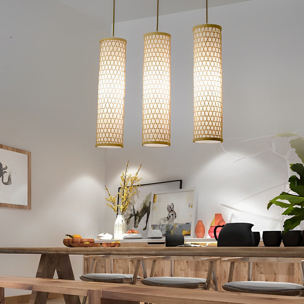 30" Cluster Cylinder Bamboo Multi-Light Pendant — Farmhouse, E26/E27, 43" Adjustable Wire
