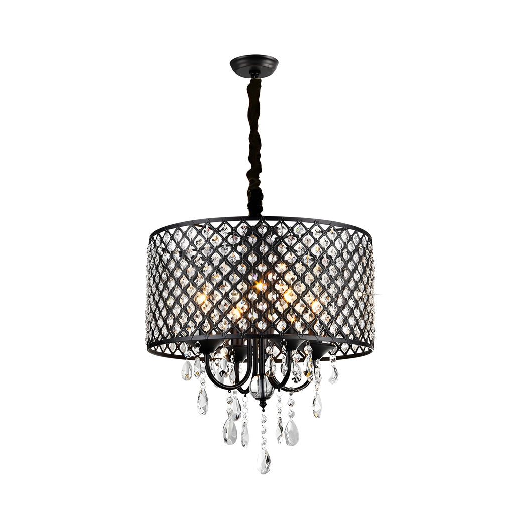 Round Iron and Crystal Chandelier — Retro, Black or Silver, E14, 16.9" Diameter