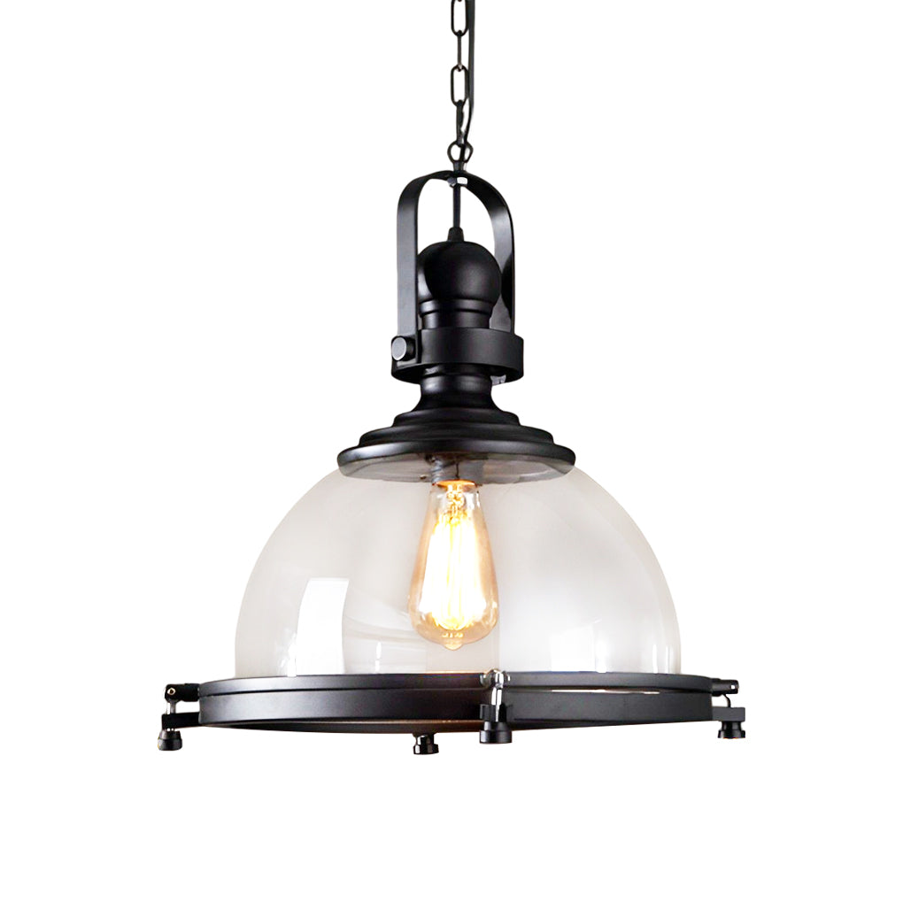 Industrial Semicircular Bowl Pendant Chandelier — Black Iron and Transparent Glass, 16" Diameter