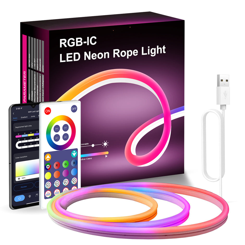 RGB LED Strip Light — 5050, USB 5V, 118", Wireless App Control, 16M Colors, Music Sync, DIY Modeling, Indoor