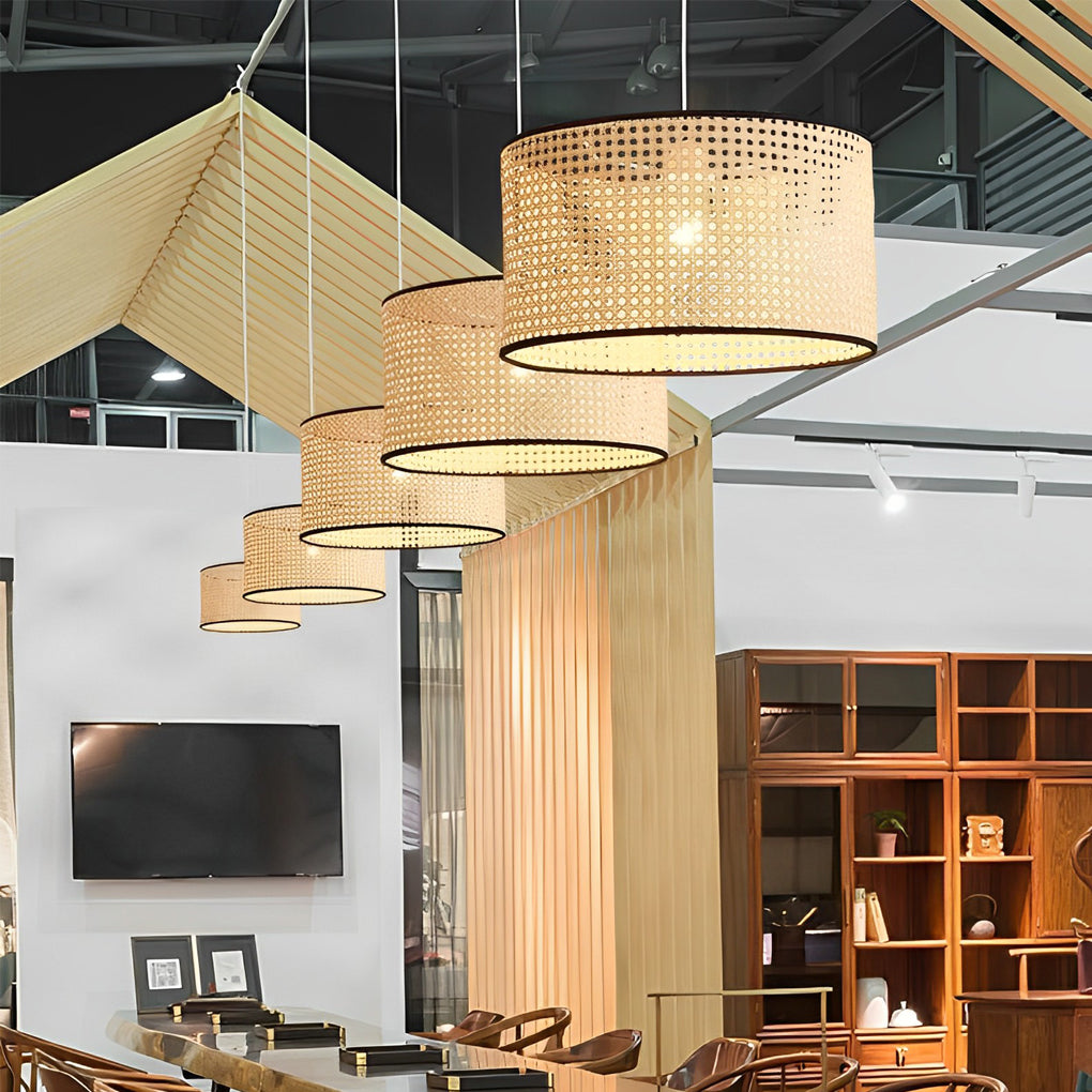Round Woven Bamboo Farmhouse Pendant Light — Natural Bamboo, Hardwired, Kitchen and Dining