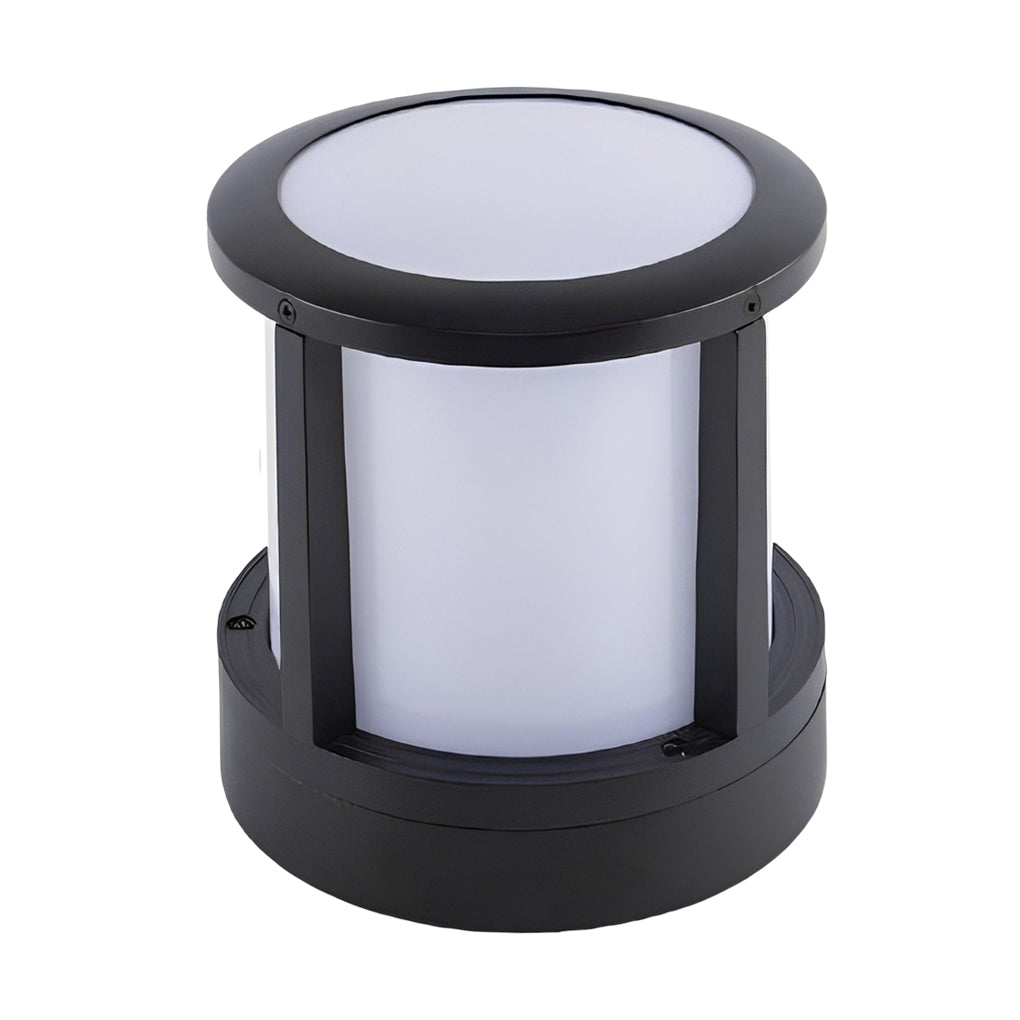 Cylindrical Outdoor Fence Post Light — Matte Black Die-Cast Aluminum, LED 10W, 3000K, IP65, 7.9" × 8.7"
