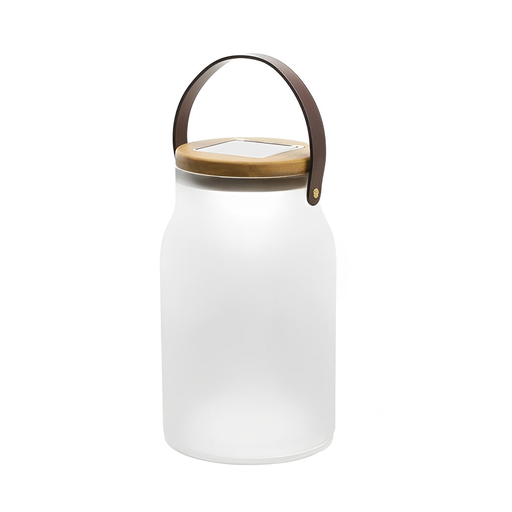 Bottle Jar Solar Portable Lantern — Glass and Teak Wood, LED Waterproof, 9" × 15", White