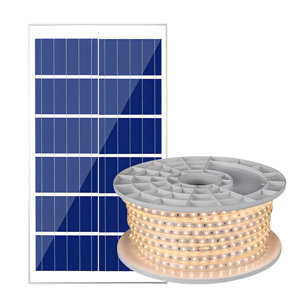 Solar LED Strip Light — PVC, Warm White, IP66 Weatherproof, Remote Control, 16–164 Ft