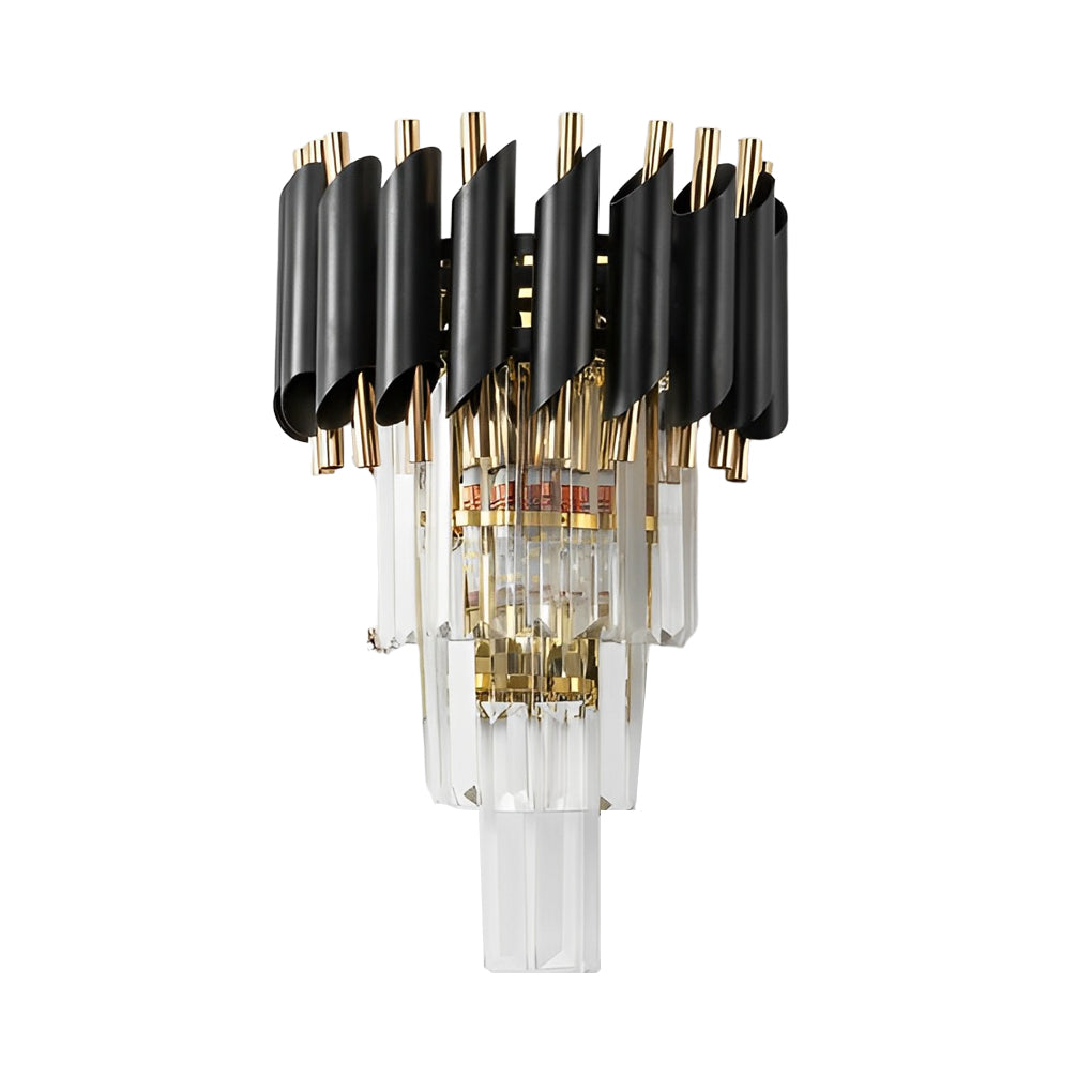 Postmodern Geometric Wall Sconce — Metal and Crystal Glass, 2-Light E14, Gold and Black, 10" × 14"